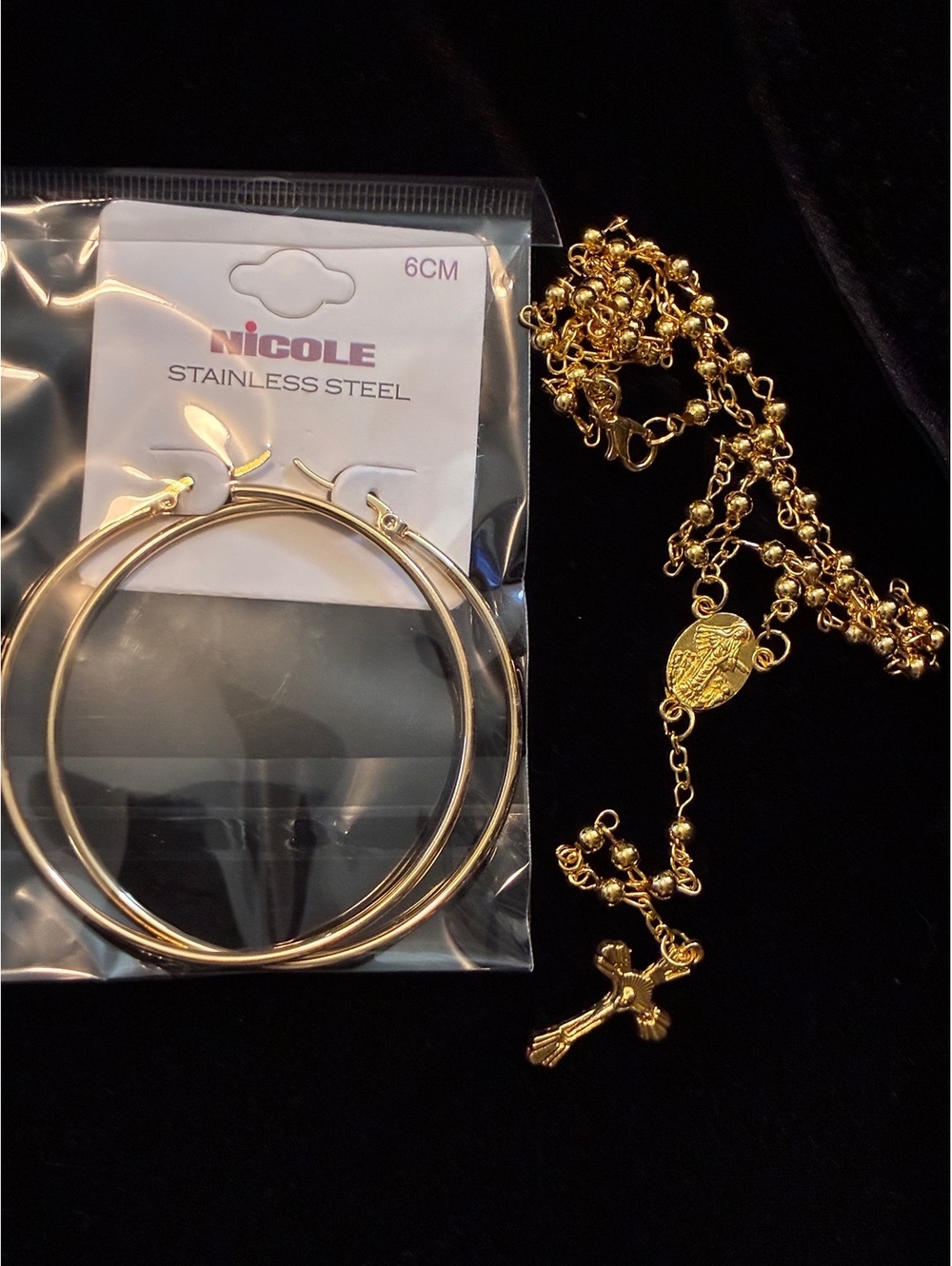 GoldTone Jewelry Bundle Large Stainless Steel Hoops &Virgin Mary Rosary Crucifix